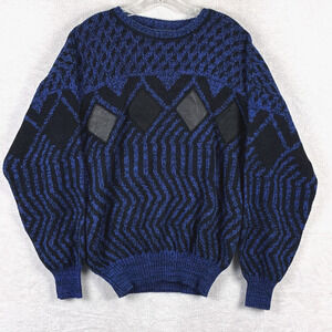 VTG 90s Playboy Knit Sweater Mens M Navy Black Leather Trim Accent Geometric